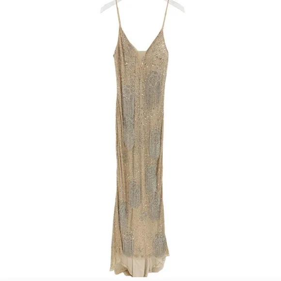 Lara Danika Floral Beaded Sheath Beaded Dress Silver Fringe Cream Size 14 Gown Lara Danika Floral Beaded Sheath Beaded Dress Silver Fringe Cream Size 14 Gown
